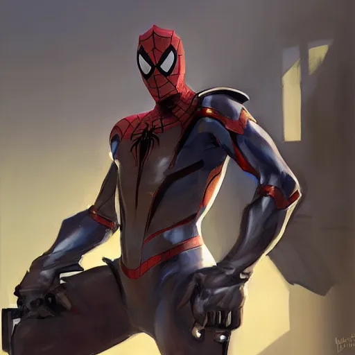 Image similar to greg manchess portrait painting of an armored dark liquid iron spiderman as overwatch character, medium shot, asymmetrical, profile picture, organic painting, sunny day, matte painting, bold shapes, hard edges, street art, trending on artstation, by huang guangjian, gil elvgren, ruan jia, greg rutkowski, gaston bussiere