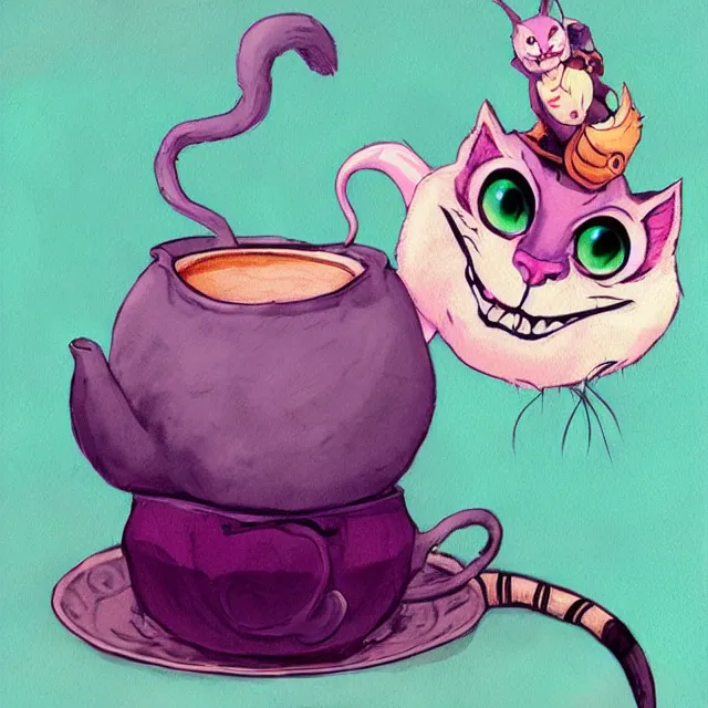 Image similar to cheshire cat drinking tea, by cory loftis, character art, art, very coherent, plain background, lighthearted, soft painting