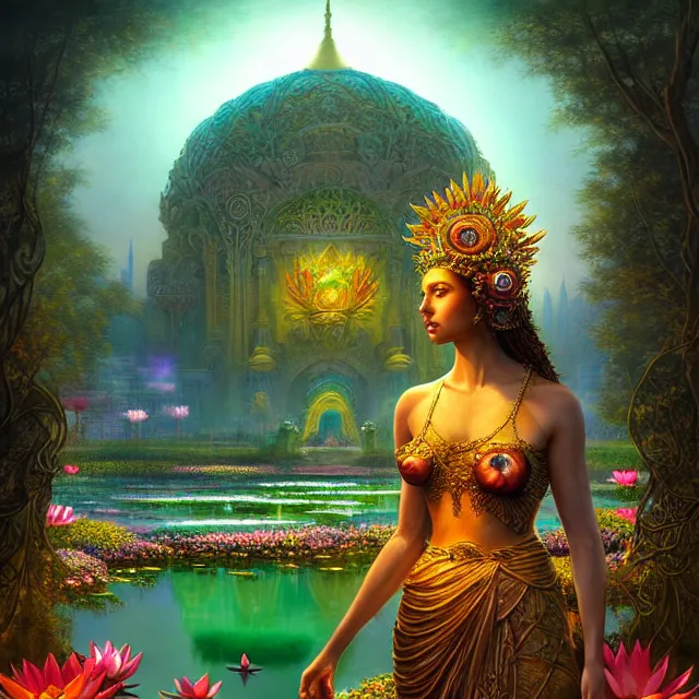 Image similar to Beautiful 3d render of the flower queen goddess near a pond full of lotus, atmospheric lighting, painted, intricate, volumetric lighting, beautiful, rich deep colours masterpiece, sharp focus, ultra detailed, in the art style of Dan Mumford and marc simonetti, with a clear crowded futuristic cyberpunk dubai city in the background, astrophotography