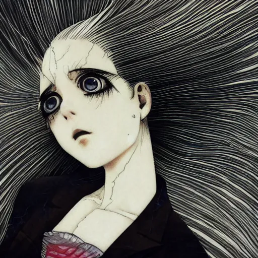 Image similar to Yoshitaka Amano realistic illustration of an anime girl with white hair and cracks on her face wearing dress suit with tie fluttering in the wind, abstract black and white patterns on the background, noisy film grain effect, highly detailed, Renaissance oil painting, weird portrait angle