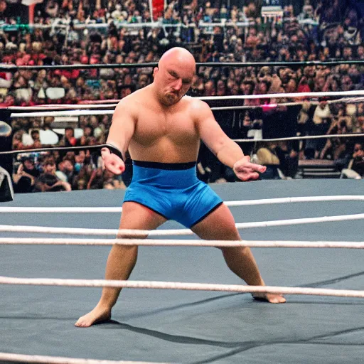 Prompt: pro wrestler Jeremy The Egg Shelson perform his signature top rope move in the ring, big arena thousands of fans in background, short depth of focus painted by Carravagio