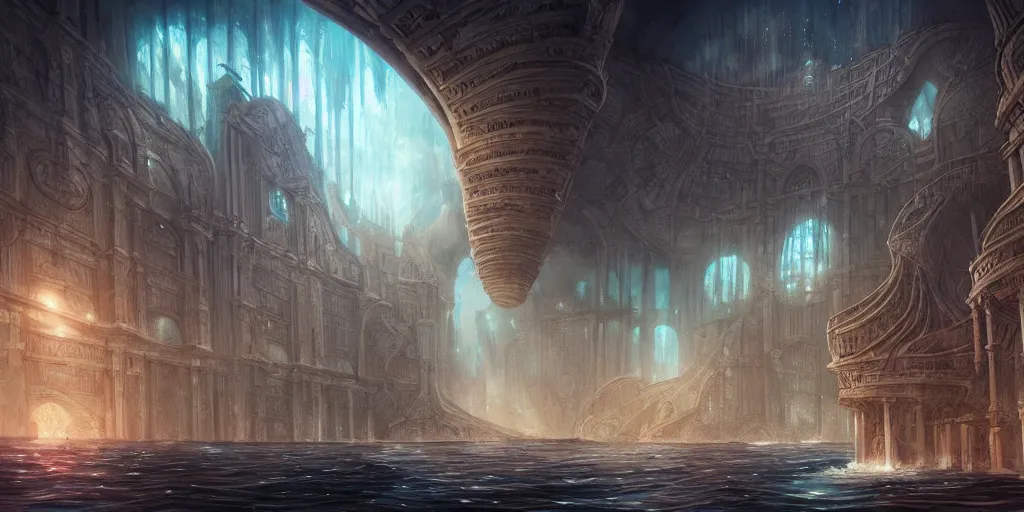 Prompt: underwater city, by role thomas style and giovanni paolo panini style epic, symmetrical, insanely detailed, style of charlie bowater, kelly mckernan, unreal engine render, artstation trends, hyper detail, epic art style, cinematic, concept art