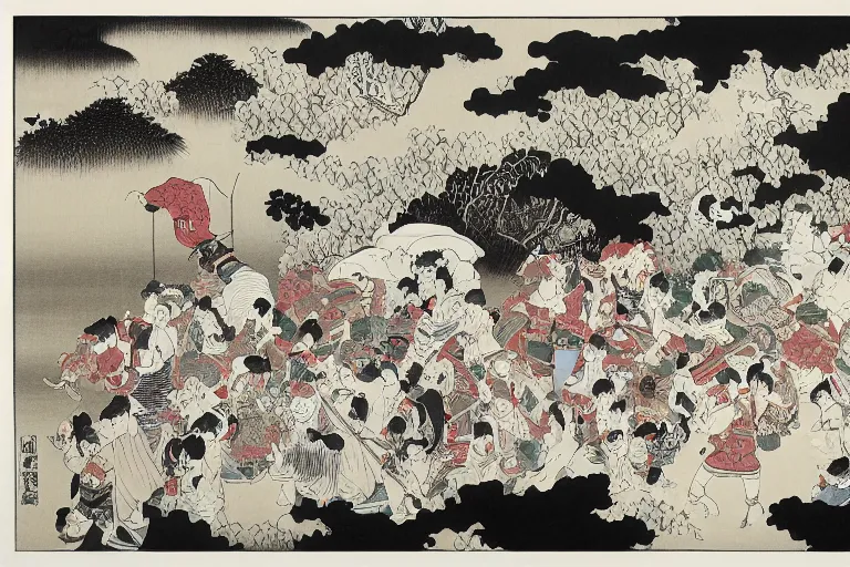 Image similar to black and white japanese painting of a circus, lots of clowns, flat, extremely detailed, water color and ink, painted by hokusai, 4 k,