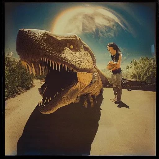 Image similar to last selfie of t - rex before comet hits the ground, polaroid, scratch and dust