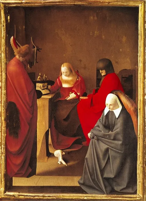 Image similar to fallen angels dressed in red reading the bible and arguing in Tuscany by Jan van Eyck, Hieronymus Bosch, Johannes Vermeer 4k post-processing, highly detailed medieval painting