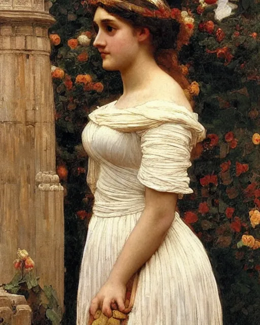 Prompt: portrait en buste of annasophia robb in greek dress by John William Waterhouse, Frederic Leighton, Edmund Blair Leighton, true-to-life, flowing realistic fabric, abundant detail