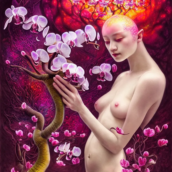 Image similar to extremely psychedelic fetus made of orchid and cherry blossom tree and mushroom, LSD, diffuse lighting, fantasy, intricate, elegant, highly detailed, lifelike, photorealistic, digital painting, artstation, illustration, concept art, smooth, sharp focus, art by John Collier and Albert Aublet and Krenz Cushart and Artem Demura and Alphonse Mucha