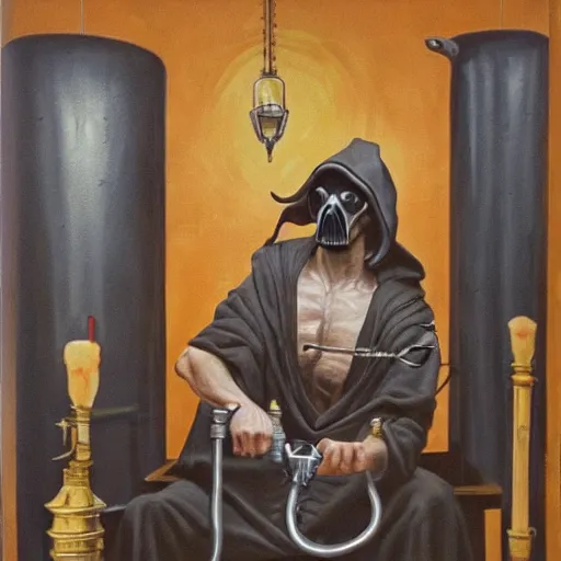 Prompt: hyperrealism oil painting of a handsome man, strong jaw, symmetrical, sitting in a gilded throne, tubes coming out of the man's arm, getting a blood transfusion from a baby. plague doctor in the background. in the style of brutalism mixed with retro japanese book art