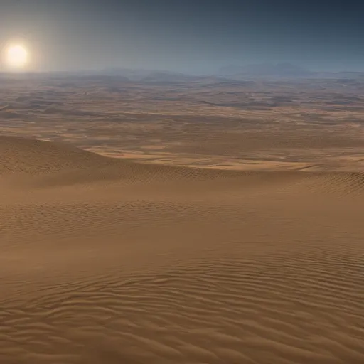 Image similar to A vast desert, with sand dunes stretching as far as the eye can see, where the only oasis is a mirage, intricate details, rendered in unreal engine, photorealistic, trending on artstation.