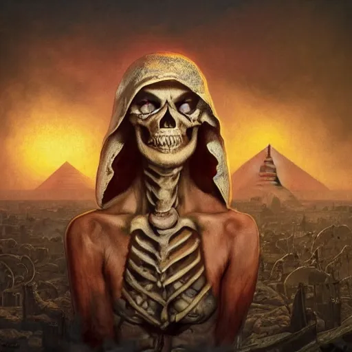 Image similar to “skeleton come to life, raggedy clothes, depraved smile, Egyptian motifs, nuclear bomb going off in background creating a mushroom cloud, D&D, fantasy, intricate, cinematic lighting, highly detailed, digital painting, artstation, concept art, smooth, sharp focus, illustration, art by Artgerm and Greg Rutkowski and Alphonse Mucha”