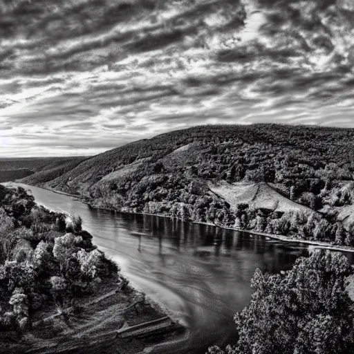 Image similar to harpers ferry, photorealistic, 8k, award winning, black and white