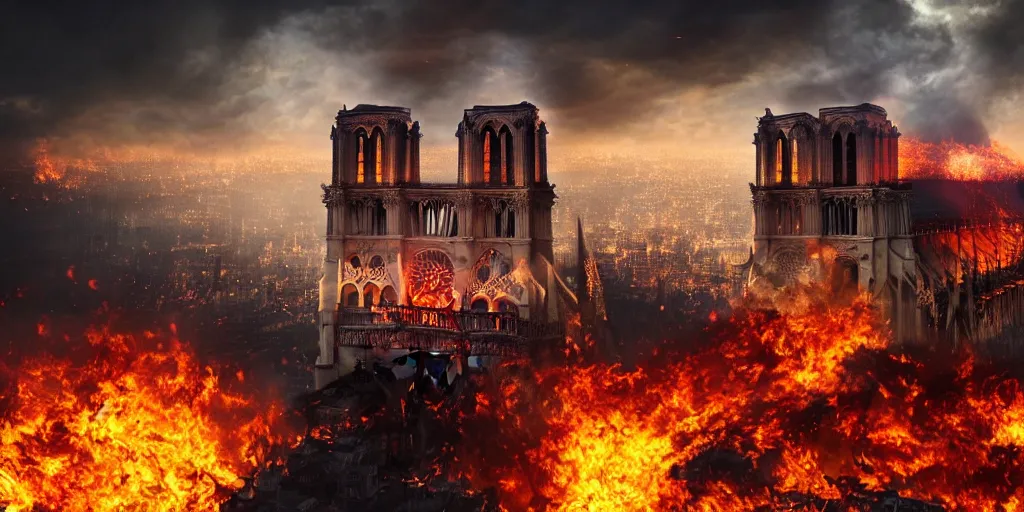 Prompt: an epic matte painting of heaven versus hell, notre dame burning in the middle of the frame, master shot, massive, cinematic lighting, high definition, symmetrical, clouds, darkness, 8 k, cinematic, concept art