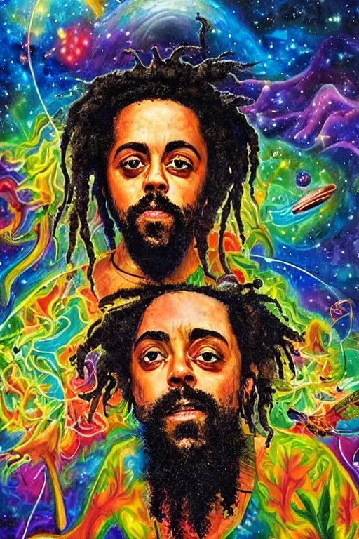 Image similar to a high hyper detailed painting with many complex textures of damian marley making music in the cosmos, cosmic surreal psychedelic magic realism spiritual ufo art