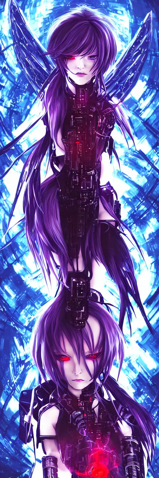 Image similar to anime cyberpunk dark fantasy gothic art, cute and beautiful full body female damaged cyborg - angel in the style of stand alone complex, akira, durararara, red blue purple black fade, intense watery glowing red and blue eyes, cinematic lighting, highly intricate detailed, wavy hair, advanced digital anime art, wlop and rossdraws and sakimimichan