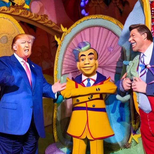 Image similar to donald trump and greg abbott and ron desantis as puppets inside the its a small world ride at disneyland, highly detailed, high definition, ultra realistic