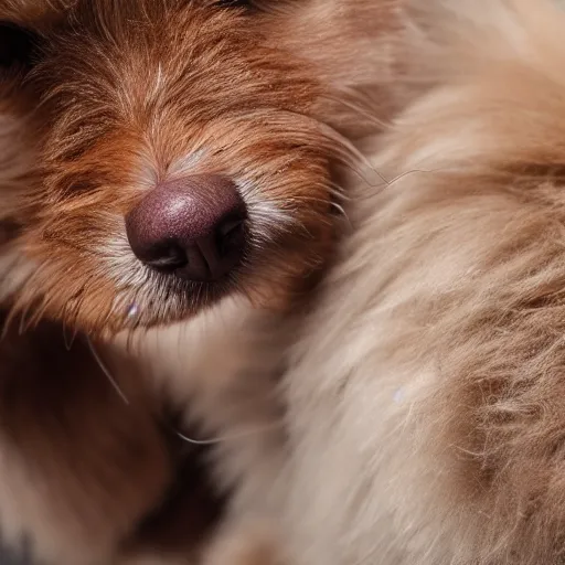 Prompt: closeup portrait of a small light brown furry dog with tongue licking its nose, cross eyed, tongue on nose, natural light, sharp, detailed face, magazine, press, photo, Steve McCurry, David Lazar, Canon, Nikon, focus