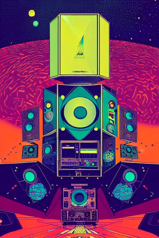 Prompt: giant speaker system and music recording studio inside the international space station filled to the brim with electronic equipment and modular synthesizers, poster art by victo ngai, ori toor, kilian eng behance contest winner, crystal cubism, poster art, cubism, tarot card, psychedelic art, concert poster, poster art, maximalist