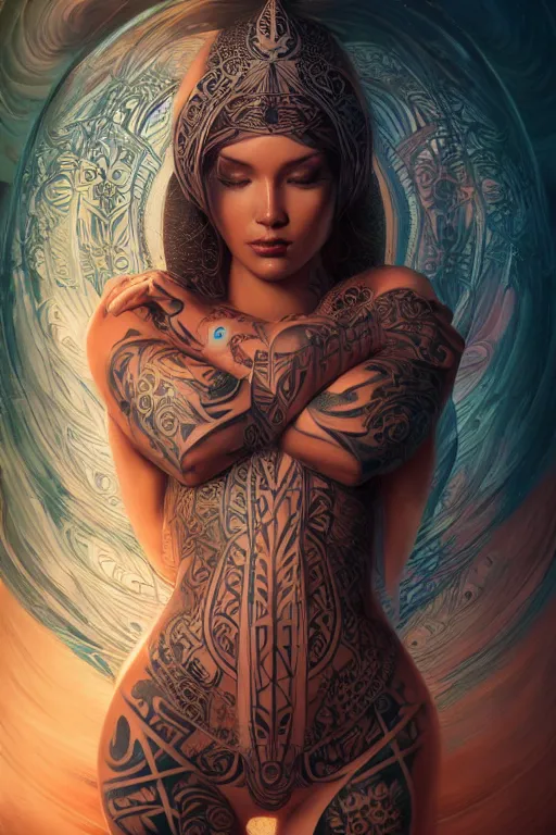 Prompt: a centered render of an alluring futuristic goddess with tribal tattoos surrounded by a underwater ink pour and flowing liquid gallium and sacred geometry, perfect body and face, powerful, cinematic, beautifully lit, by artgerm, by karol bak, 3 d, trending on artstation, octane render, 8 k