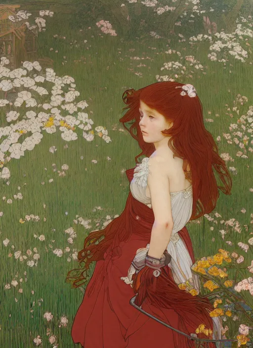 Image similar to young girl resembling alicia vikander with long red hair, wearing a dress, playing with her doll on the wooden floor in an old wooden house, path traced, highly detailed, high quality, digital painting, by studio ghibli and alphonse mucha, leesha hannigan, hidari, art nouveau, chiho aoshima, jules bastien - lepage