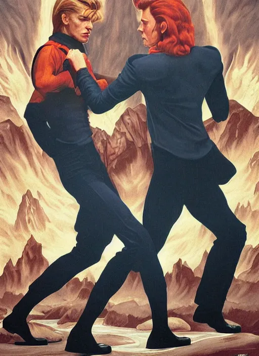 Prompt: twin peaks poster art, david bowie fighting his doppelganger gemini good and evil, old retro pulp, by michael whelan, rossetti bouguereau, artgerm, nostalgic, old fashioned