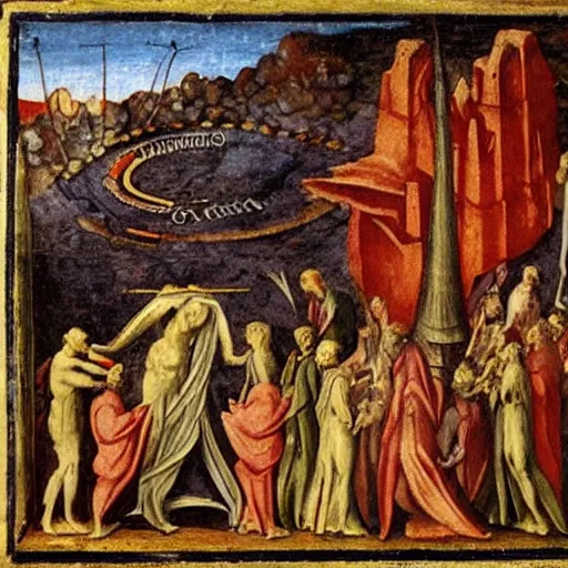 Image similar to a medieval painting of the hell as described by Dante Alghieri. Very detailed. High quality. Colorful.