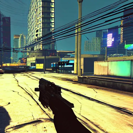 Prompt: Open world GTA-like cyberpunk game, futuristic city, HUD, screenshot, PlayStation 2