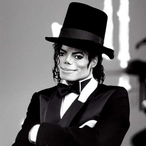 Image similar to Michael Jackson wearing a black tuxedo with a black fedora hat