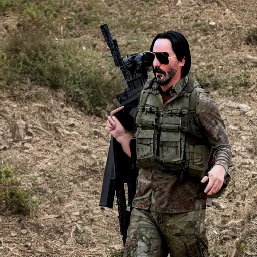 Prompt: keanu reeves wearing military outfit and camouflage cinematic photoshoot high quality highly affordable photo realistic 8 k hd