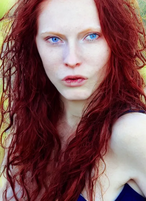 Image similar to close up portrait of a thin young redhead woman with russian descent, sunbathed skin, with deep blue eyes. wavy long maroon colored hair. she looks directly at the camera. slightly open mouth, face takes up half of the photo. a park visible in the background. intricate. detailed 8 k. art by luis royo.