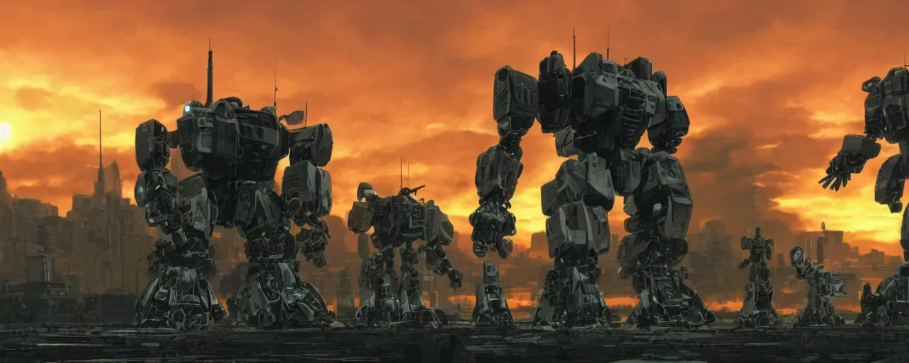 Image similar to A real photo of a giant mechwarrior robot and the sunset in the distance, by Josan Gonzalez, Yoji Shinkawa and Geof Darrow, highly detailed, Unreal Engine Render, 3D, 8k wallpaper