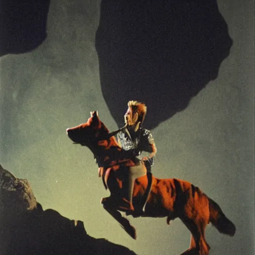 Prompt: david bowie riding a wolf over a rock, dark lighting