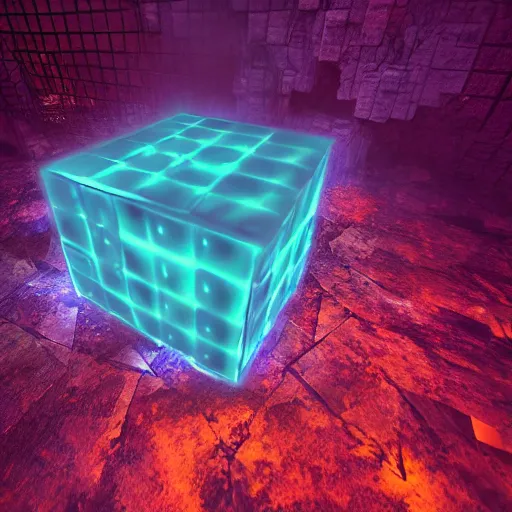 Image similar to glowing translucent cube in a las pozas, cyberpunk, dark room, trending on artstation, 4 k close up, wide angle