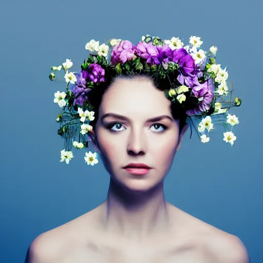 Prompt: a portrait of a romantic woman with flowers grow out of hair, roses peonies forget-me-nots dahlias lupins gladioli, sky theme in background, 35mm Photograph, 4K Resolution, Digital Art, Trending on artstation