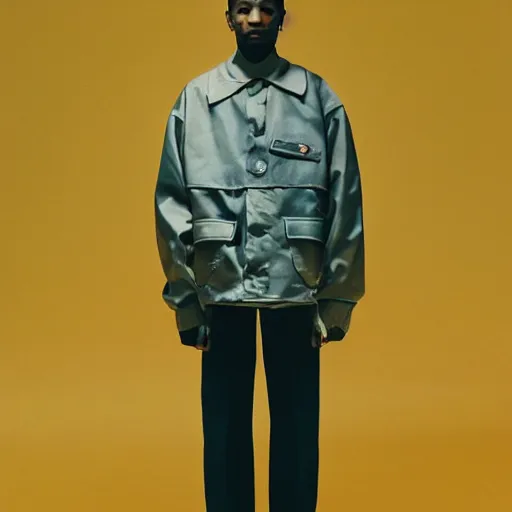 Image similar to realistic photoshooting for a new balenciaga lookbook, color film photography, portrait of a beautiful woman, model wearing a workwear jacket, by photo in style of Tyler Mitchell, 35mm,