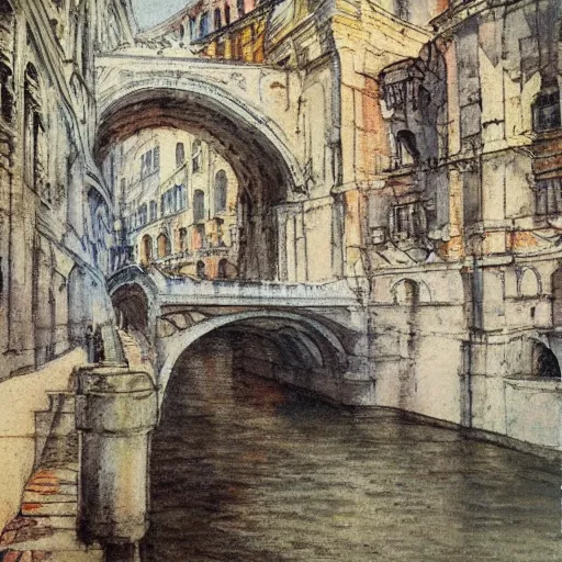 Image similar to the bridge of sighs in the style of vrubel, watercolor, pastel colors, chiaroscuro, bleached colors