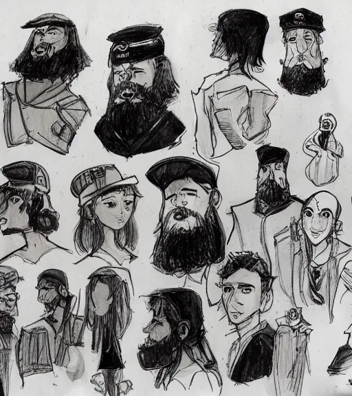 Image similar to full page scan of many character design sketches. young man, young mother, man with beard. Everyone has pale grey eyes. sailor caps, German, tapa, simple clothing. in the style of Jillian Tamaki and Richard Corben. costume designs, pleasant faces, nature colors