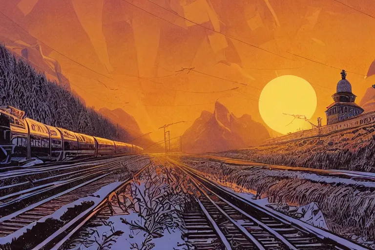 Image similar to trans - siberian express train illustration by joe fenton and syd mead and p. craig russell and barry windsor - smith, artstation, 4 k, graphic novel, concept art, matte painting, beautiful russian winter landscape sunset background, golden hour, art nouveau