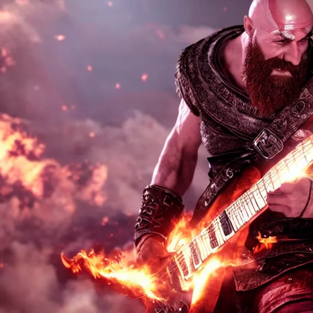 Image similar to kratos shredding on a flaming stratocaster guitar, cinematic render, god of war 2 0 1 8, santa monica studio official media, lightning, stripe over eye