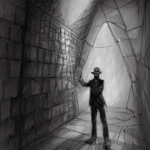 Image similar to the man inside the wall, creepy explorer sketch, eldritch journalist, concept art, grand scale, intricate detailed
