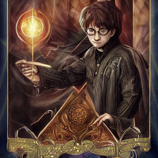 Prompt: magician tarot cards, harry james potter and the lightning spellbook, character design, scene art, rich colors, detailed realistic rendering, by stephan pui - mun law, station, star harry james potter, by rebecca yanovskaya