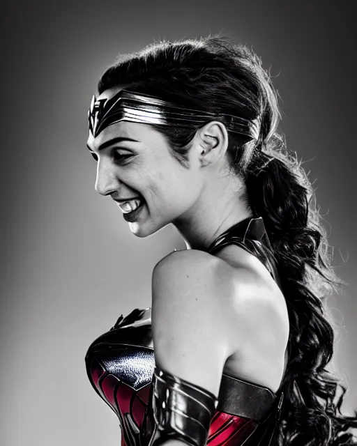 Prompt: gal gadot as she crinkles her nose while laughing, dressed as wonder woman, photorealistic, black and white photography, 2 0 0 mm nikkor m f / 5. 6, 4 x 5 film, bokeh