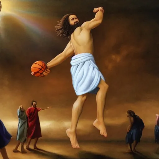 Prompt: Jesus wearing robes dunks a ball in a basketball court, hd