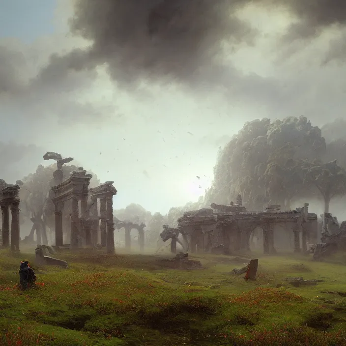 Prompt: a 3 d painting of ruins on the grassland, rainy by ivan aivazovsky and zdzisław beksinski and frank lloyd! and greg rutkowski! and james gurney, in style of digital art. hyper detailed, sharp focus, soft light. octane render. maya. ray tracing. trending on artstation