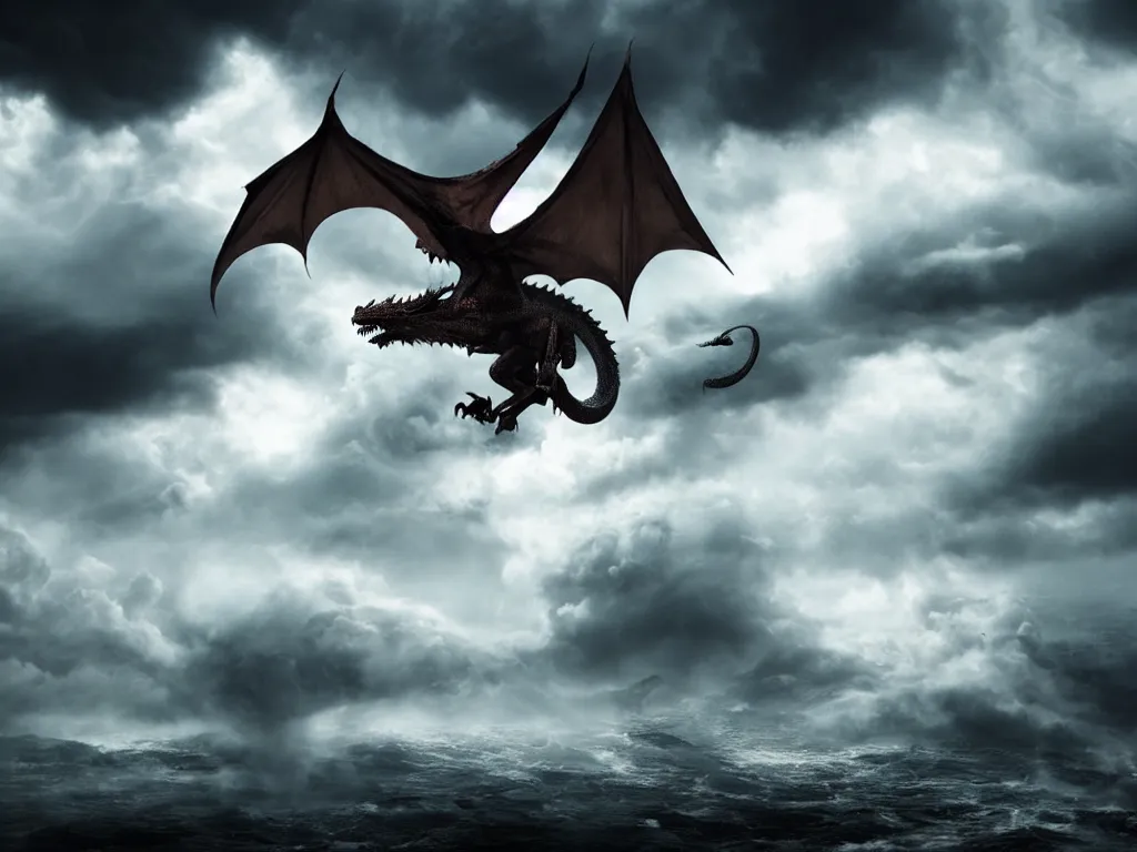 Prompt: epic cinematic shot of dragon flying through stormy clouds in the style of Game of Thrones