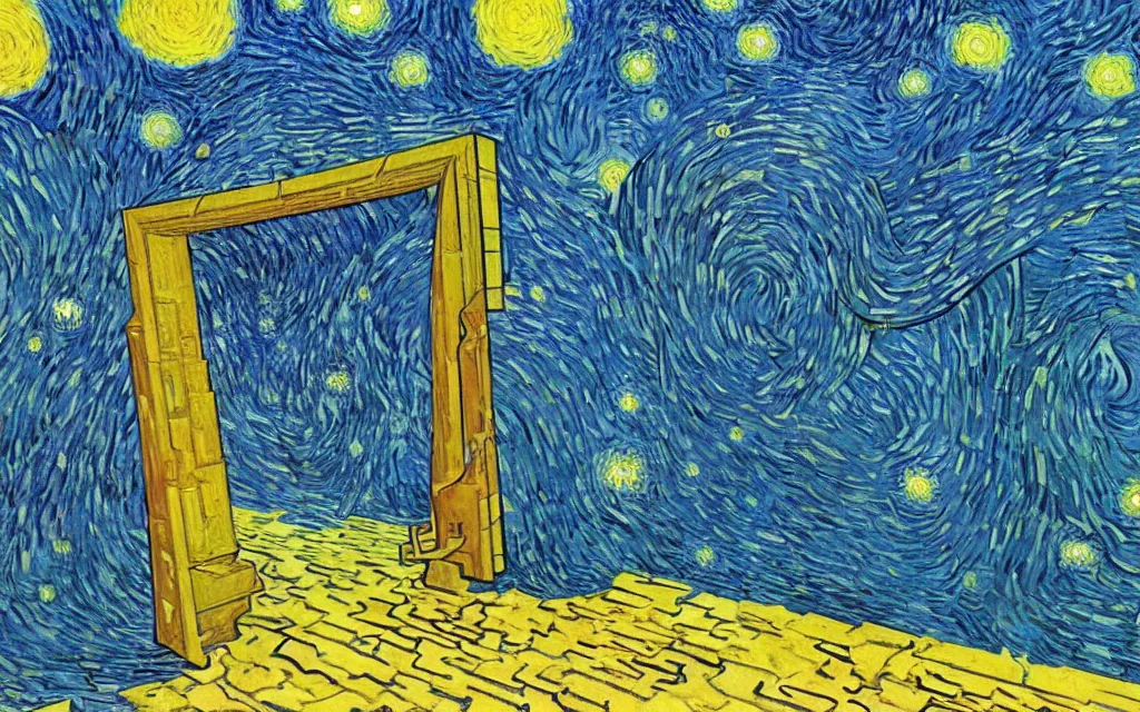 Image similar to rectangular portal gate to another world. fractal. retro minimalist art by jean giraud and van gogh