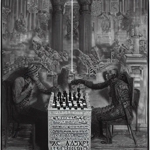 Image similar to an ancient machine, artificial intelligence chess machine, 1914 , in the style of Gustave Doré and Hito Steyerl, 35mm film