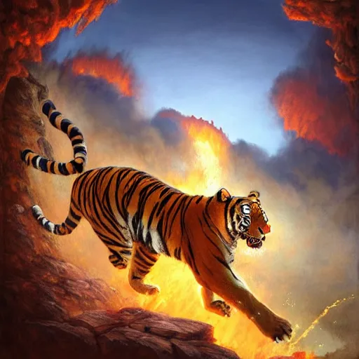 Image similar to tiger running from a volcano by justin gerard, deviantart