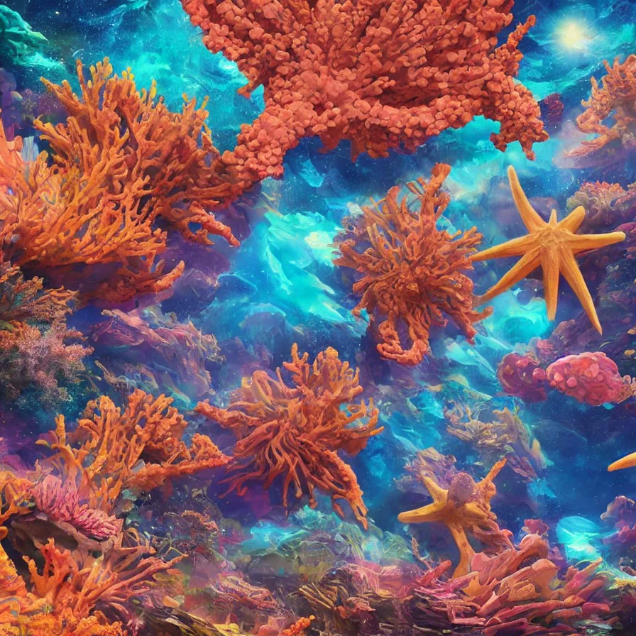 Prompt: album art, anime visuals, of an alien planet made out of different coloured corals, with big starfish, creatures, rocky landscape, floating waterfalls, omni magazine, beautiful space visuals