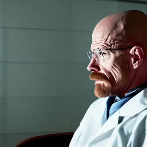 Prompt: walter white wears oxygen mask on face. he sits in a wheelchair in a courtroom. cinematic lighting