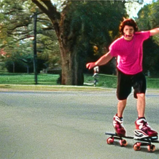 Image similar to jesus christ rollerblading in a 1 9 9 8 teen movie still action